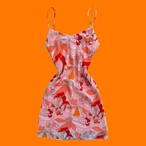 00's vintage groovy orange floral chiffon y2k dress MEDIUM